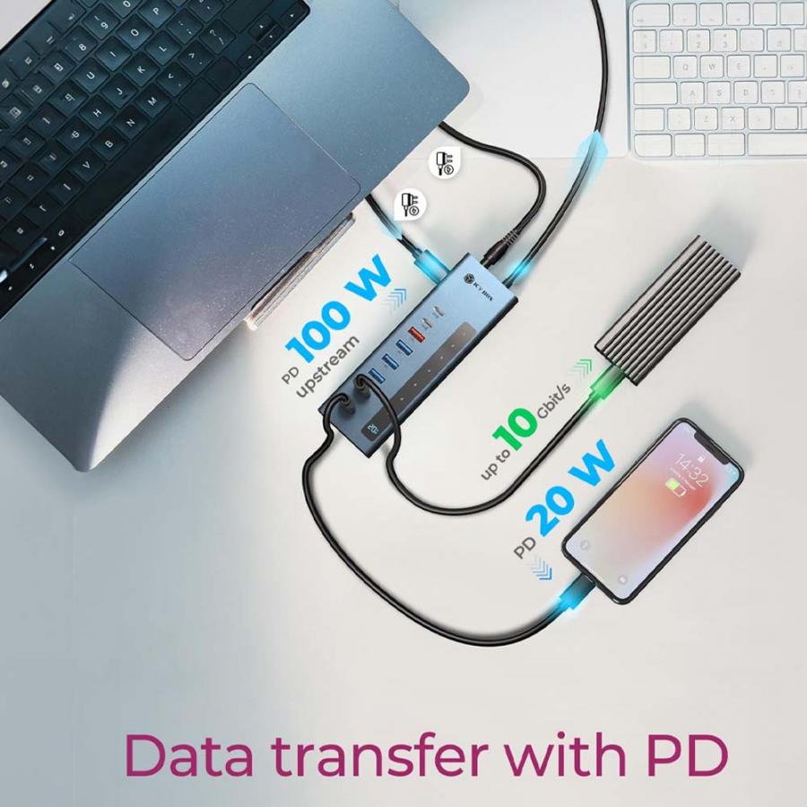 ICY BOX 9-IN-1 LED DISPLAY HUB WITH 2xTYPE-C PD100W 1xTYPE-C PD20W, 4xUSB3.2 & TYPE-C/USB HOST CONNECTION GREY