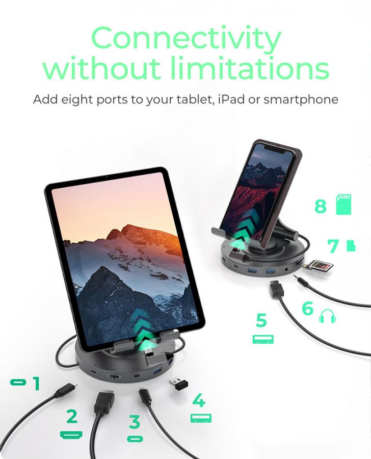 ICY BOX TABLET AND SMARTPHONE HOLDER UP TO 11' WITH 8IN1 DOCKING STATION