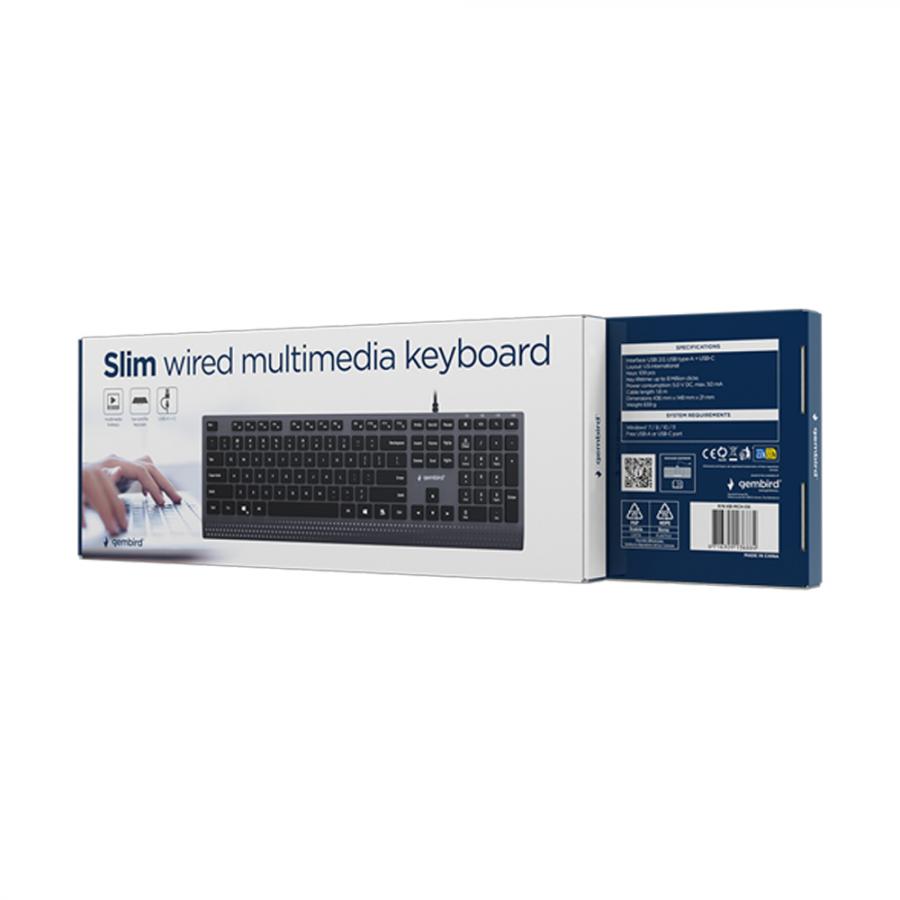 GEMBIRD SLIM WIRED MULTIMEDIA KEYBOARD WITH TYPE-C ADAPTER US LAYOUT BLACK