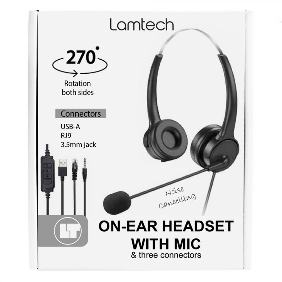 LAMTECH ON-EAR HEADSET WITH ANC MIC AND 3 CONNECTORS