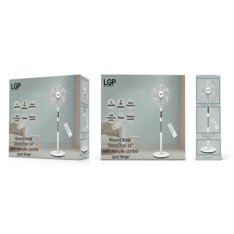 LGP ROUND BASE STAND FAN 16' 40CM 55W WITH REMOTE CONTROL AND TIMER WHITE