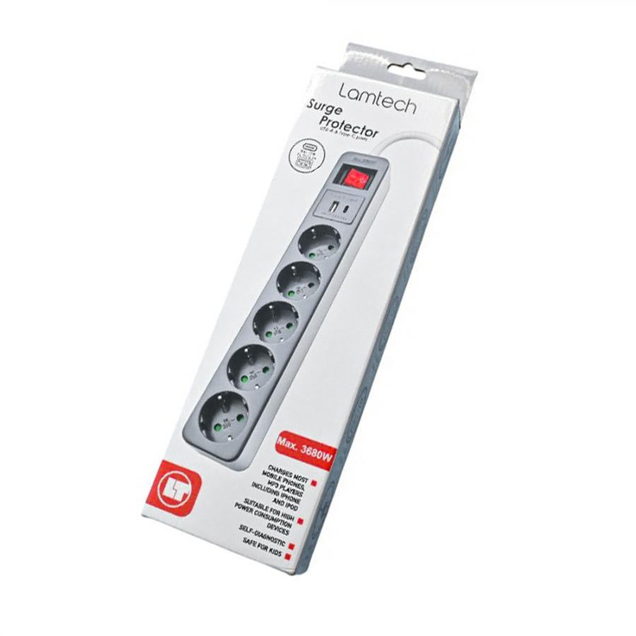 LAMTECH 5WAY SURGE PROTECTOR WITH 1xTYPE-C 1xUSB 5xSCHUKO BLACK/WHITE 1.5M