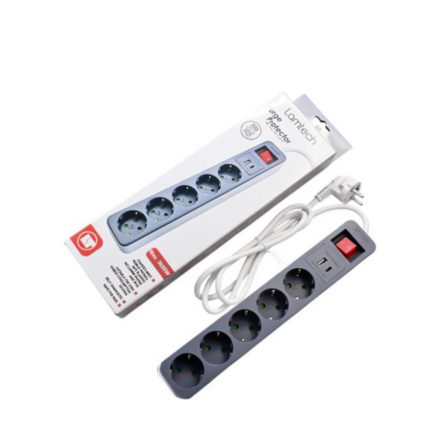 LAMTECH 5WAY SURGE PROTECTOR WITH 1xTYPE-C 1xUSB 5xSCHUKO BLACK/WHITE 1.5M