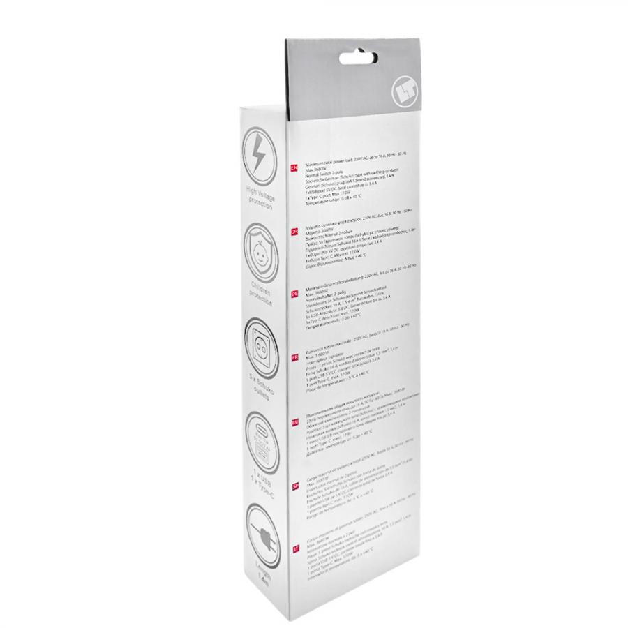 LAMTECH 5WAY SURGE PROTECTOR WITH 1xTYPE-C 1xUSB 5xSCHUKO BLACK/WHITE 1.5M