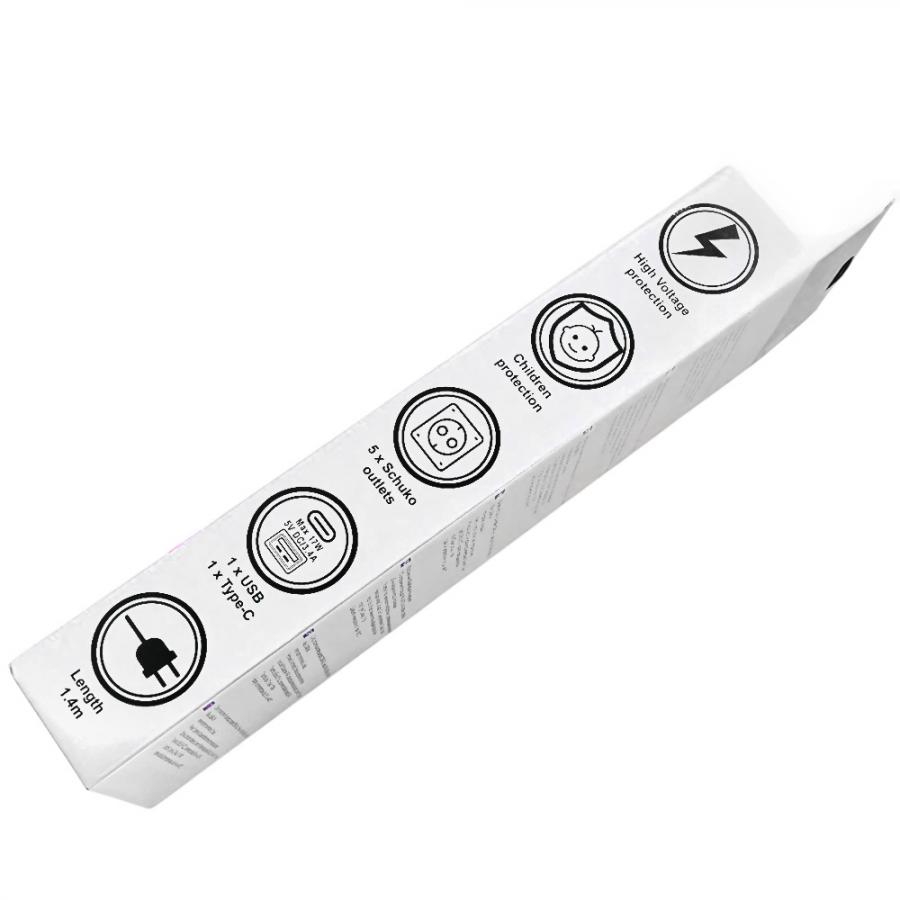 LAMTECH 5WAY SURGE PROTECTOR WITH 1xTYPE-C 1xUSB 5xSCHUKO BLACK/WHITE 1.5M