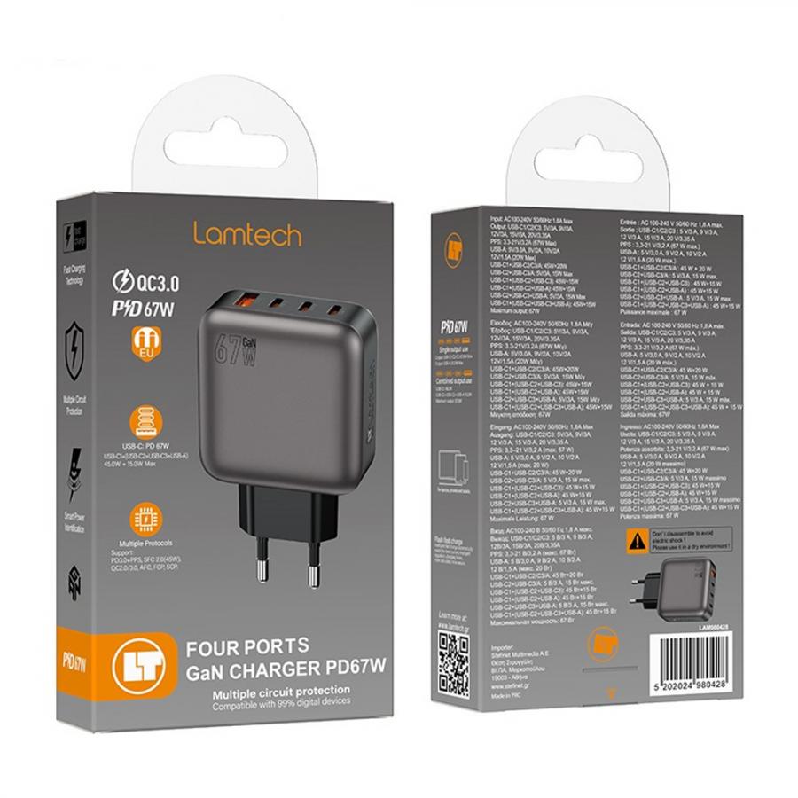 LAMTECH FOUR PORTS GaN CHARGER PD67W GREY