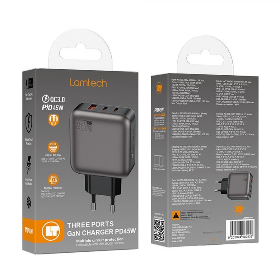 LAMTECH THREE PORTS GaN CHARGER PD45W GREY