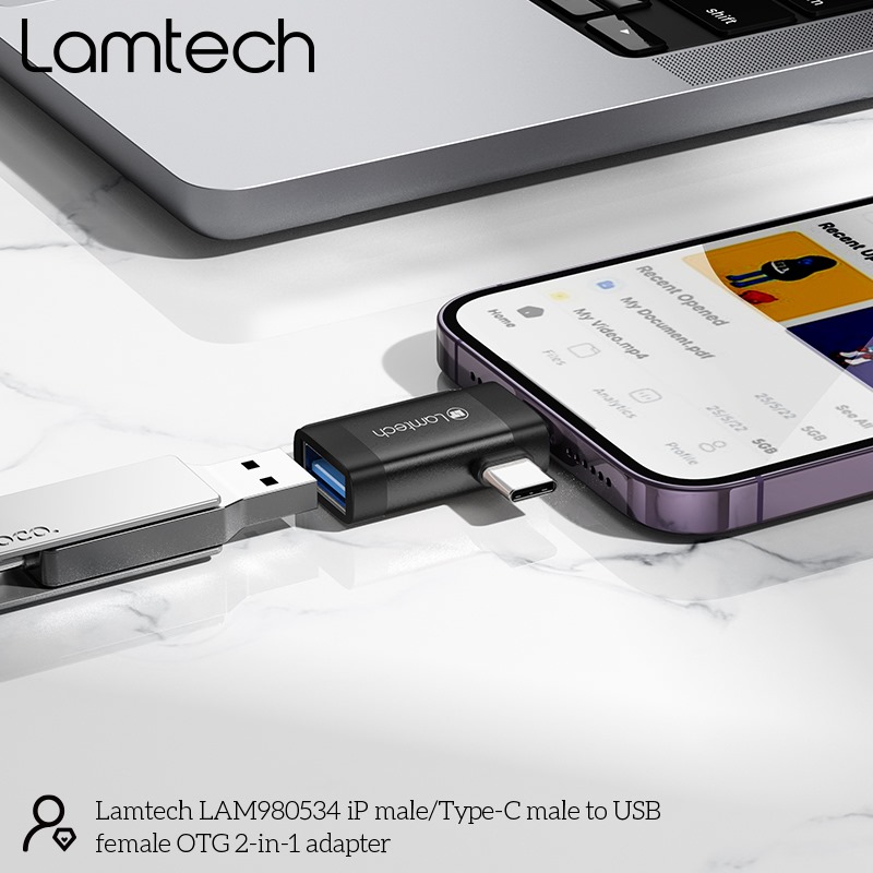 LAMTECH 2-IN-1 PORTABLE ADAPTER IP/USB-C MALE TO USB2.0 FEMALE BLACK
