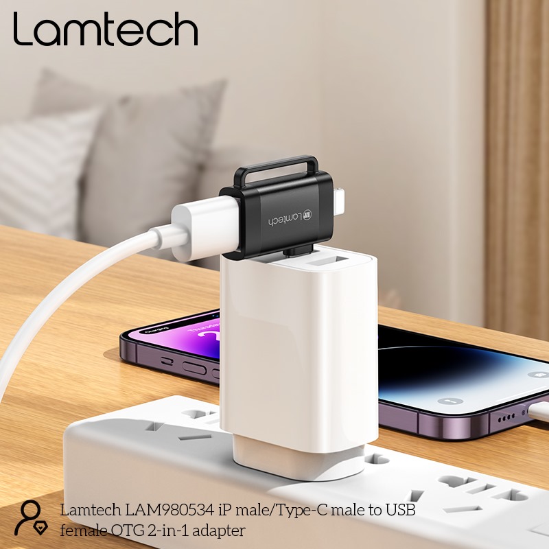 LAMTECH 2-IN-1 PORTABLE ADAPTER IP/USB-C MALE TO USB2.0 FEMALE BLACK