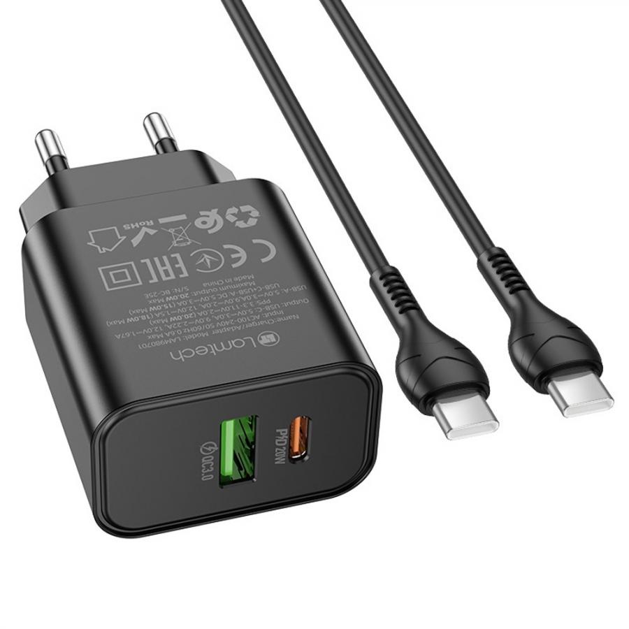LAMTECH DUAL PORT QC3.0/PD20W CHARGER WITH TYPE-C TO TYPE-C CABLE 60W 1M BLACK