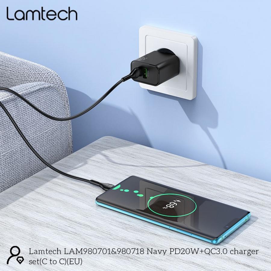 LAMTECH DUAL PORT QC3.0/PD20W CHARGER WITH TYPE-C TO TYPE-C CABLE 60W 1M BLACK