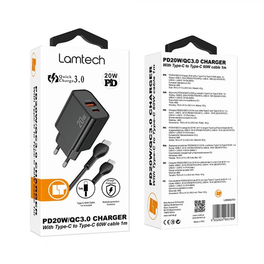 LAMTECH DUAL PORT QC3.0/PD20W CHARGER WITH TYPE-C TO TYPE-C CABLE 60W 1M BLACK