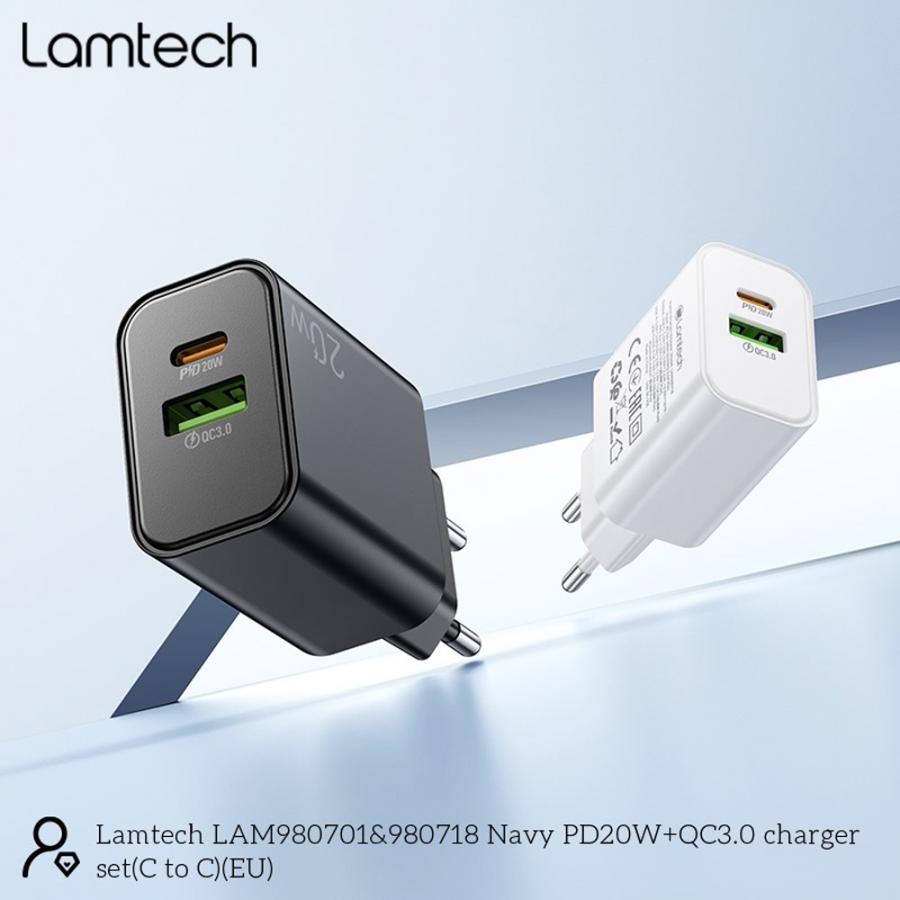 LAMTECH DUAL PORT QC3.0/PD20W CHARGER WITH TYPE-C TO TYPE-C CABLE 60W 1M BLACK