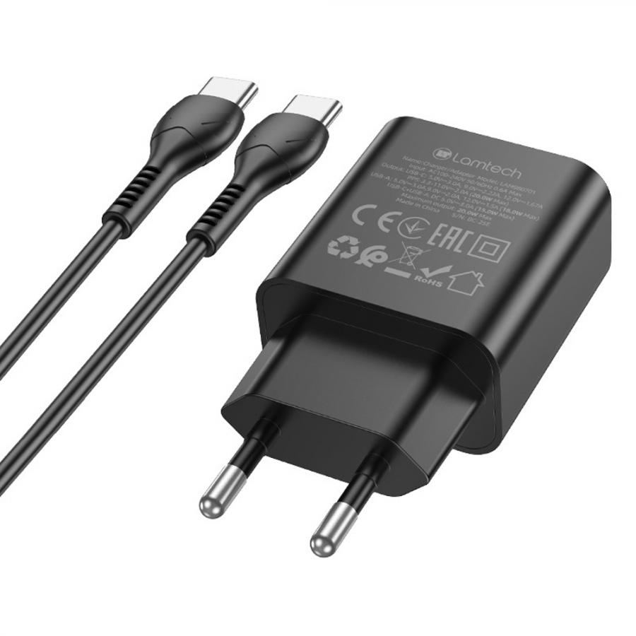 LAMTECH DUAL PORT QC3.0/PD20W CHARGER WITH TYPE-C TO TYPE-C CABLE 60W 1M BLACK