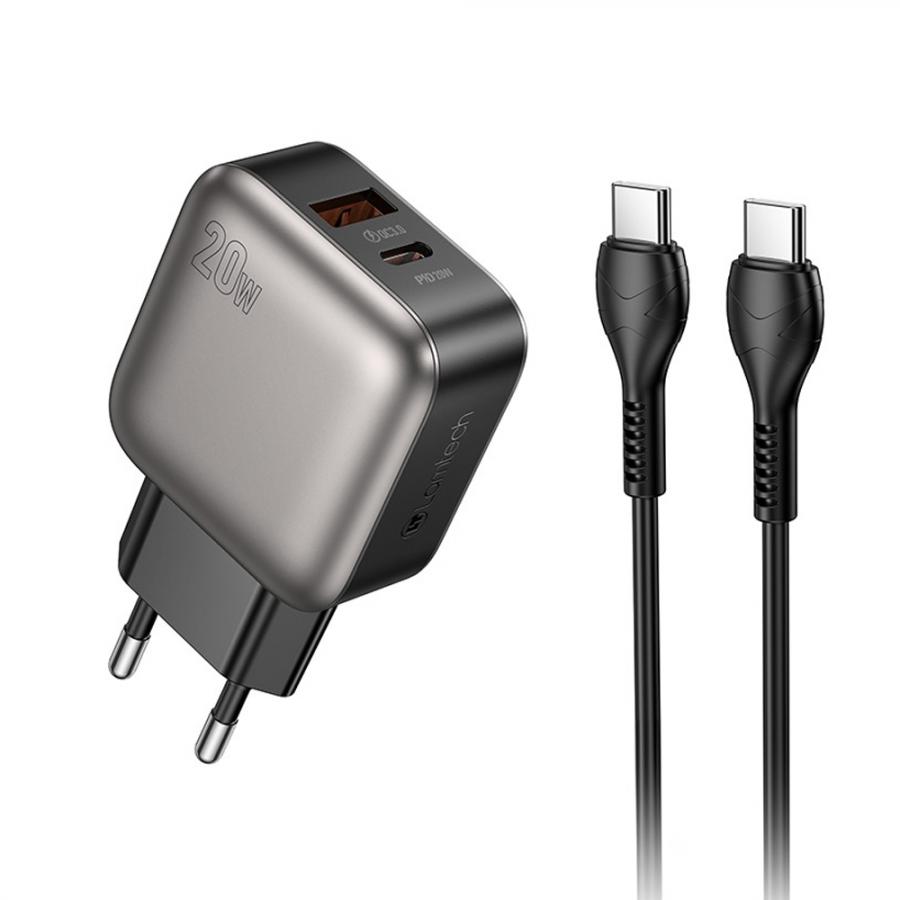 LAMTECH DUAL PORT QC3.0 CHARGER SET PD20W WITH TYPE-C TO TYPE-C CABLE 1M GREY
