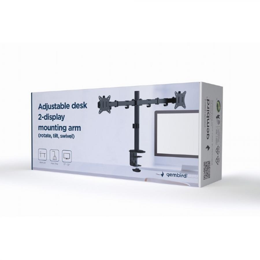 GEMBIRD ADJUSTABLE DESK 2-DISPLAY MOUNTING ARM RTS 17'-32' BLACK