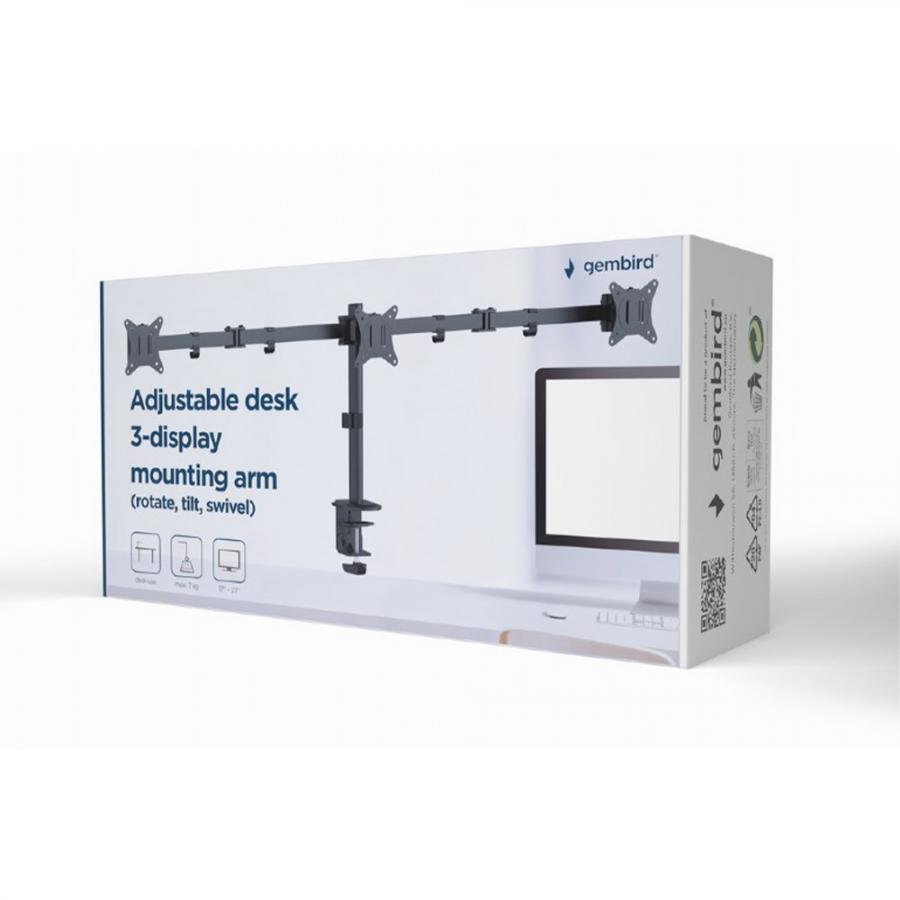 GEMBIRD ADJUSTABLE DESK 3-DISPLAY MOUNTING ARM (RTS) 17”-27” BLACK