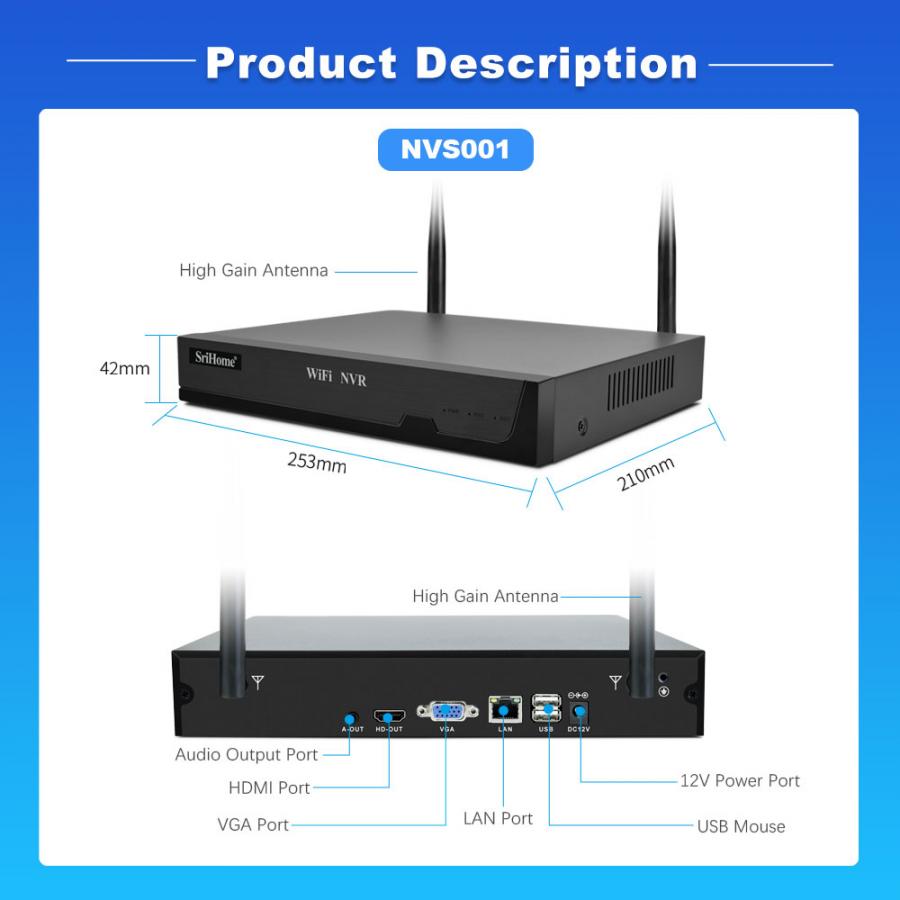SRIHOME 2MP 8-CHANNEL WIRELESS VIDEO RECORDER WITH 4 IP CAMERAS