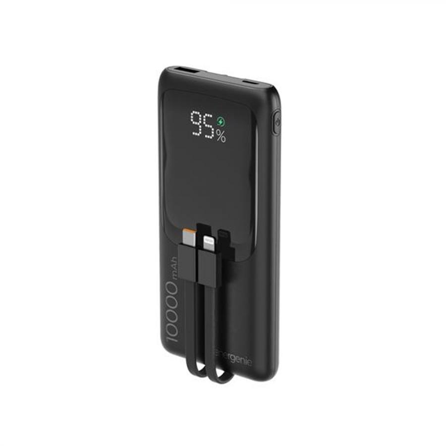 ENERGENIE 20W FAST CHARGING POWER BANK WITH INTEGRATED CABLES 10000 MAH BLACK