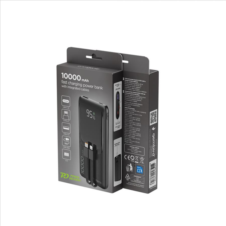 ENERGENIE 20W FAST CHARGING POWER BANK WITH INTEGRATED CABLES 10000 MAH BLACK