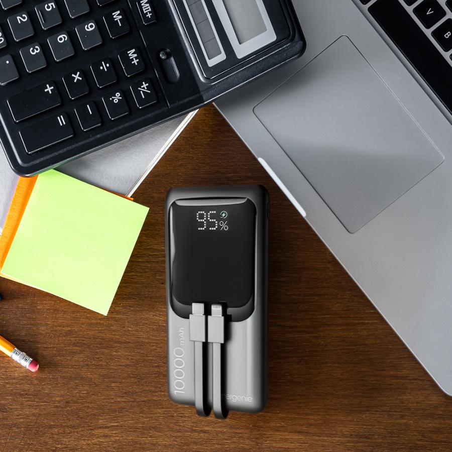 ENERGENIE 20W FAST CHARGING POWER BANK WITH INTEGRATED CABLES 10000 MAH BLACK