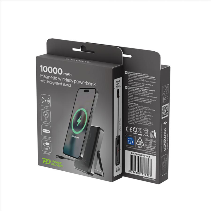 ENERGENIE 15W MAGNETIC WIRELESS POWERBANK WITH INTEGRATED STAND 10000 MAH BLACK