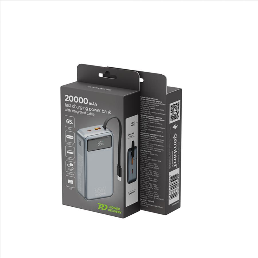 ENERGENIE 65W FAST CHARGING POWER BANK WITH INTEGRATED CABLES 20000 MAH BLACK