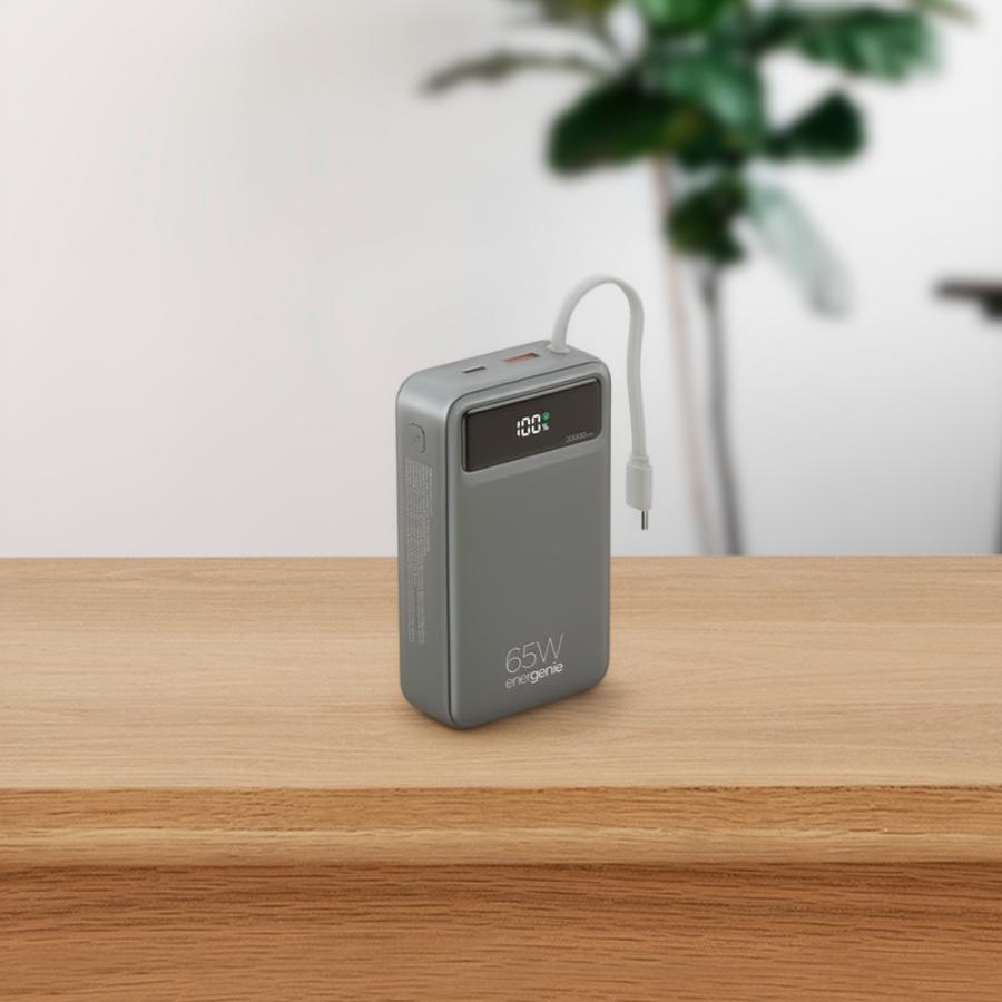 ENERGENIE 65W FAST CHARGING POWER BANK WITH INTEGRATED CABLES 20000 MAH BLACK