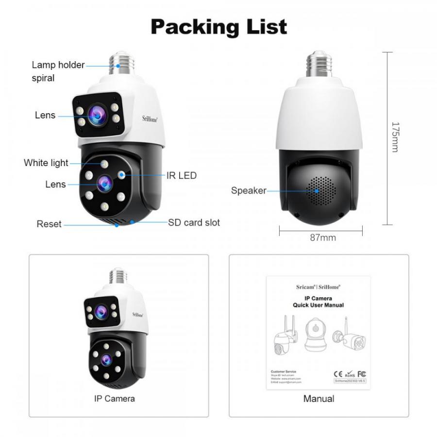 SRIHOME DUAL LENS LIGHT BULB CLOUD WIFI SECURITY CAMERA 2MP WHITE