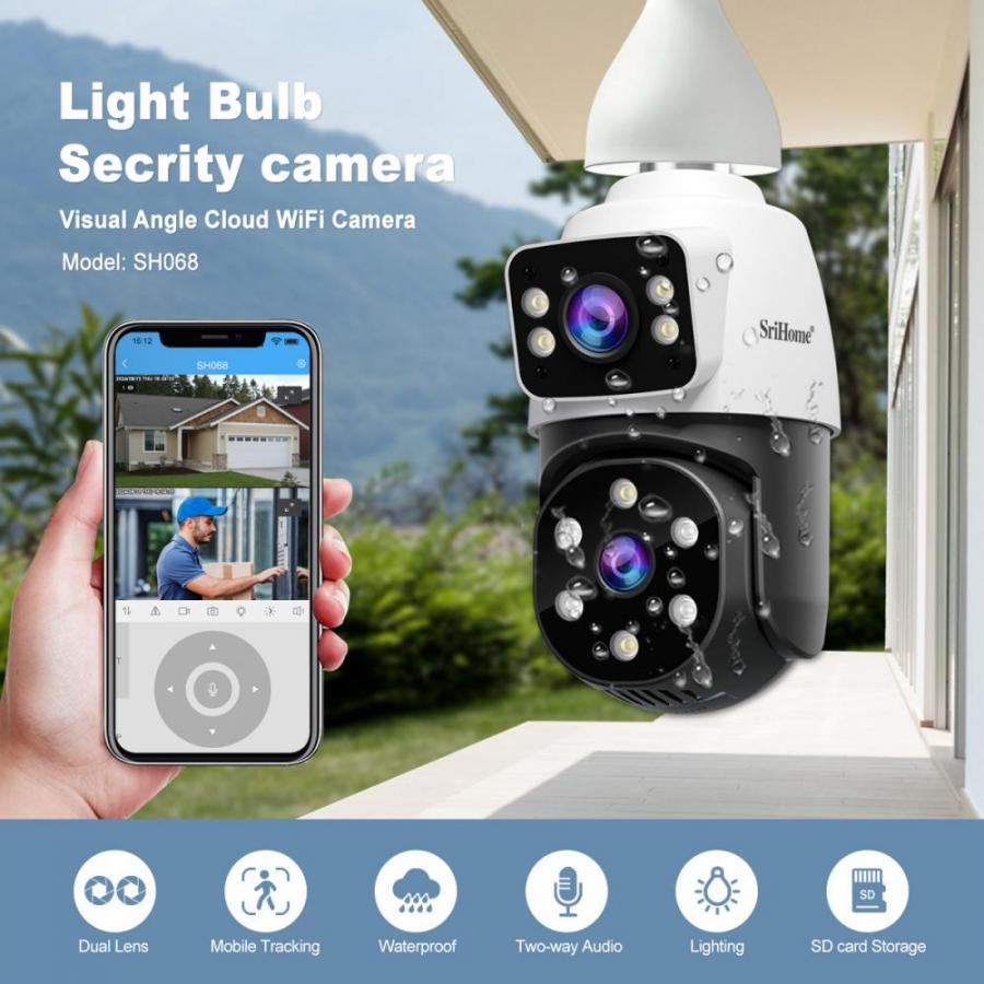 SRIHOME DUAL LENS LIGHT BULB CLOUD WIFI SECURITY CAMERA 2MP WHITE