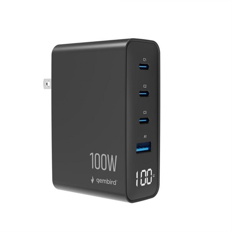GEMBIRD UNIVERSAL 4-PORT 100W GAN USB FAST CHARGER LCD BLACK