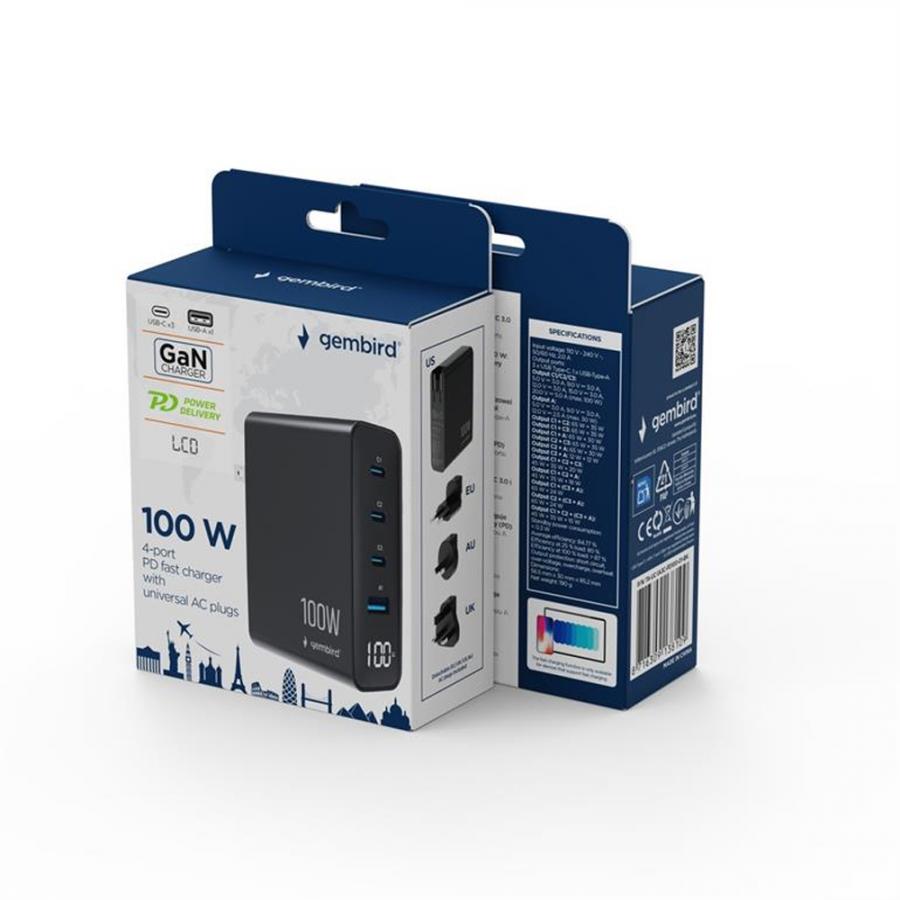 GEMBIRD UNIVERSAL 4-PORT 100W GAN USB FAST CHARGER LCD BLACK
