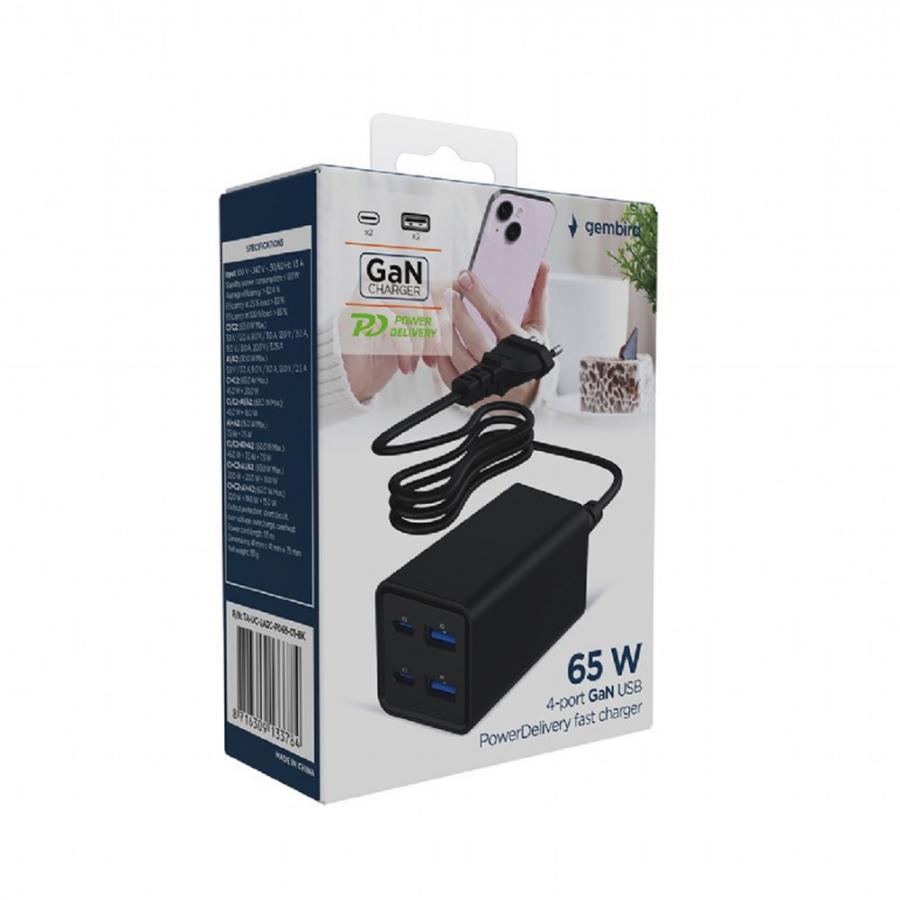 GEMBIRD 4-PORT 65W GaN USB PD FAST CHARGER BLACK