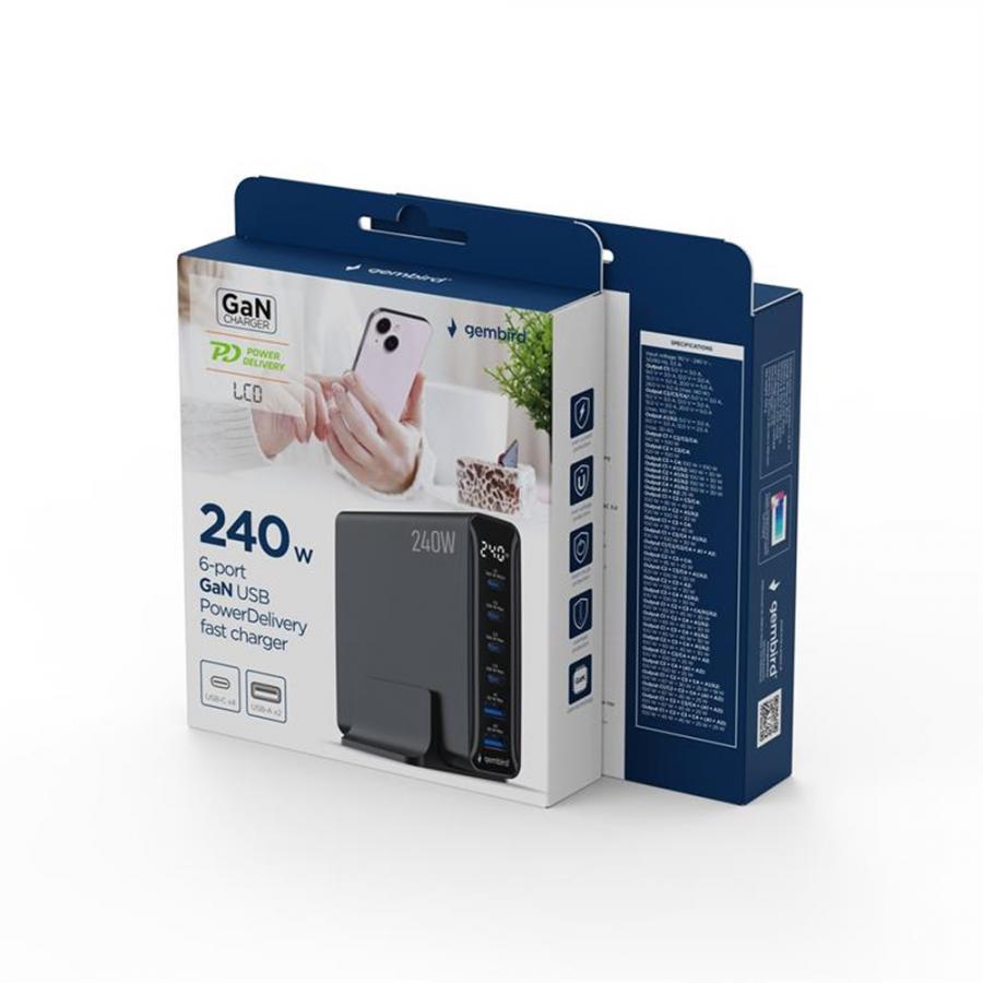 GEMBIRD 6-PORT 240W GaN USB FAST C HARGER BLACK