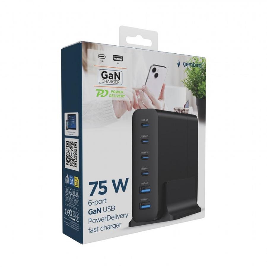 GEMBIRD 6-PORT 75W GaN USB FAST C HARGER BLACK