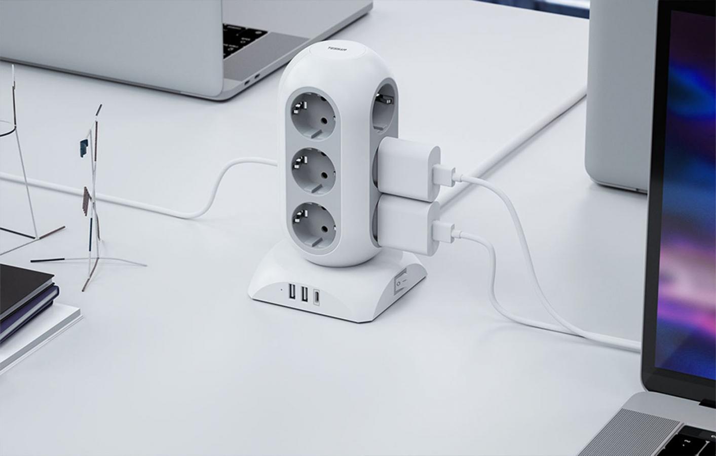 TESSAN 15 IN 1 TOWER SURGE PROTECTOR 25W 12xSCHUKO, 2xUSB, 1xTYPE-C, 2M CABLE WHITE