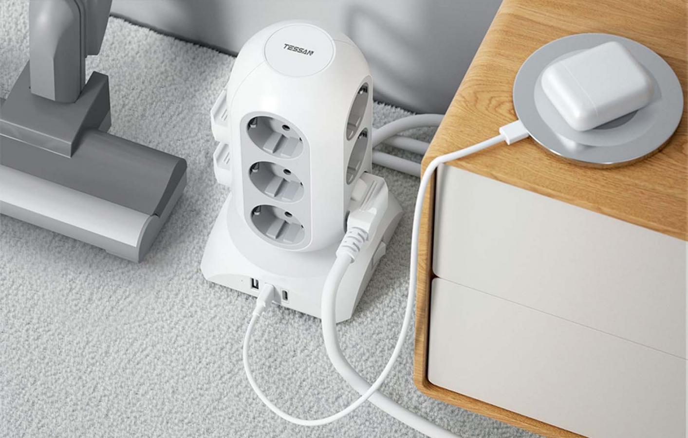 TESSAN 15 IN 1 TOWER SURGE PROTECTOR 25W 12xSCHUKO, 2xUSB, 1xTYPE-C, 2M CABLE WHITE
