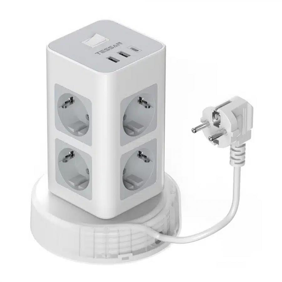 TESSAN 11 IN 1 TOWER SURGE PROTECTOR 8xSCHUKO, 2xUSB, 1xTYPE-C, 2M RETRACTABLE CABLE
