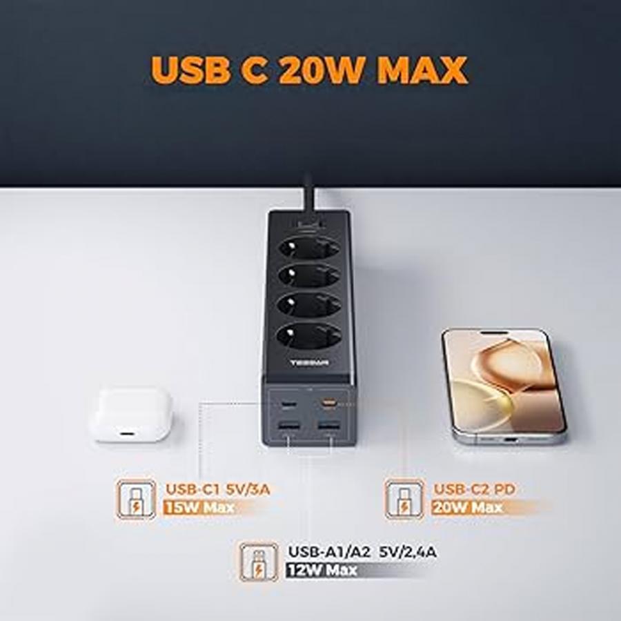 TESSAN 8 IN 1 POWER STRIP 4XSHUCKO, 2XUSB, 2XTYPE-C 20W 2M BLACK