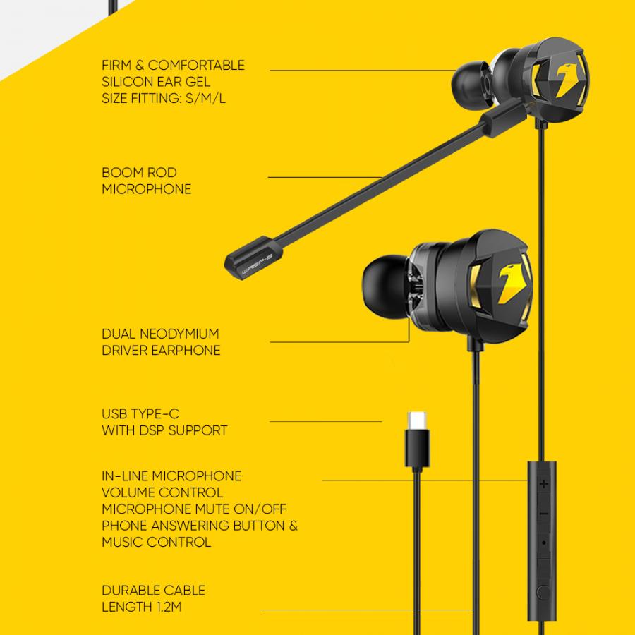 ARMAGGEDDON DUAL MICROPHONE TYPE-C GAMING EARPHONE WASP5 BLACK