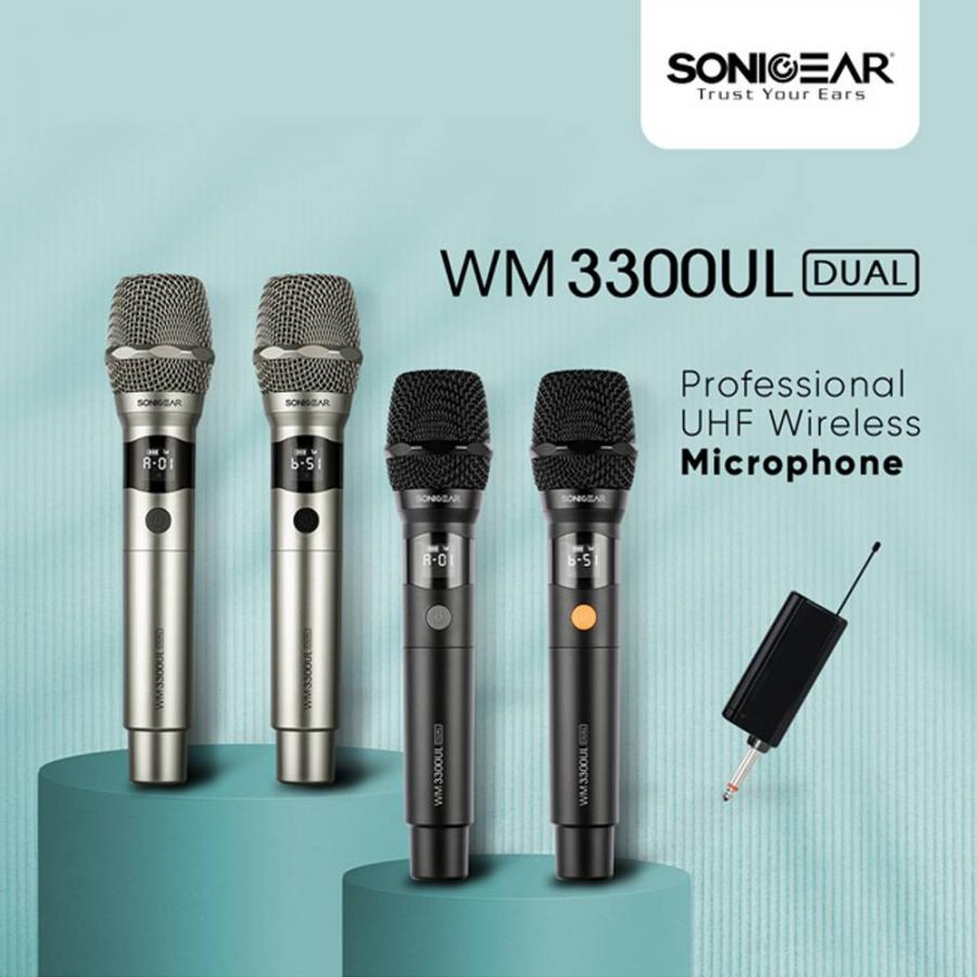 SONICGEAR DUAL PROFESSIONAL UHF WIRELESS LED MICROPHONE WM 3300 UL OBSIDIAN