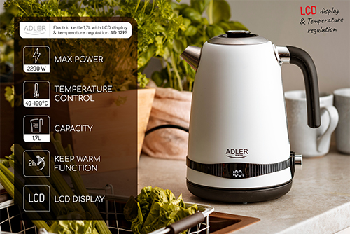 ADLER 1,7L STEEL ELECTRIC KETTLE WITH LCD AND TEMPERATURE CONTROL WHITE