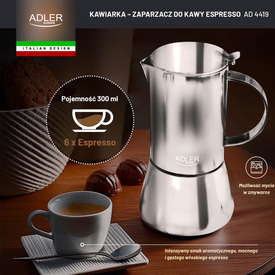 ADLER ESPRESSO COFFEE MAKER 350ML SILVER STEEL