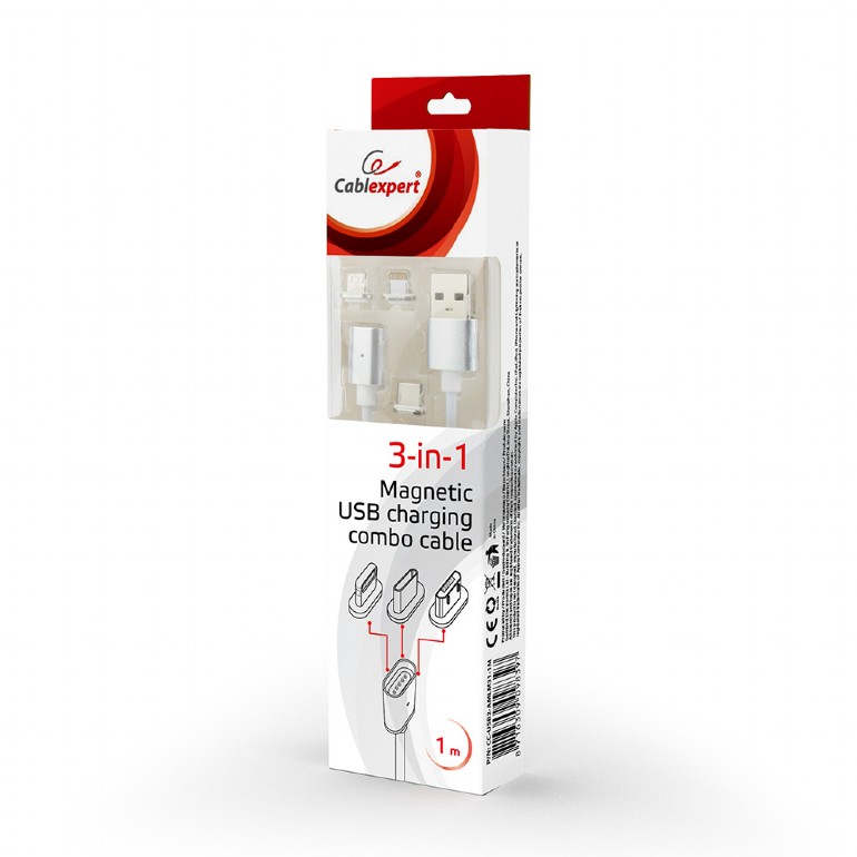 Cablexpert Magnetic 3 in 1 USB to Micro/Lightning/Type C Charging Combo Cable Silver (CC-USB2-AMLM3-1M)