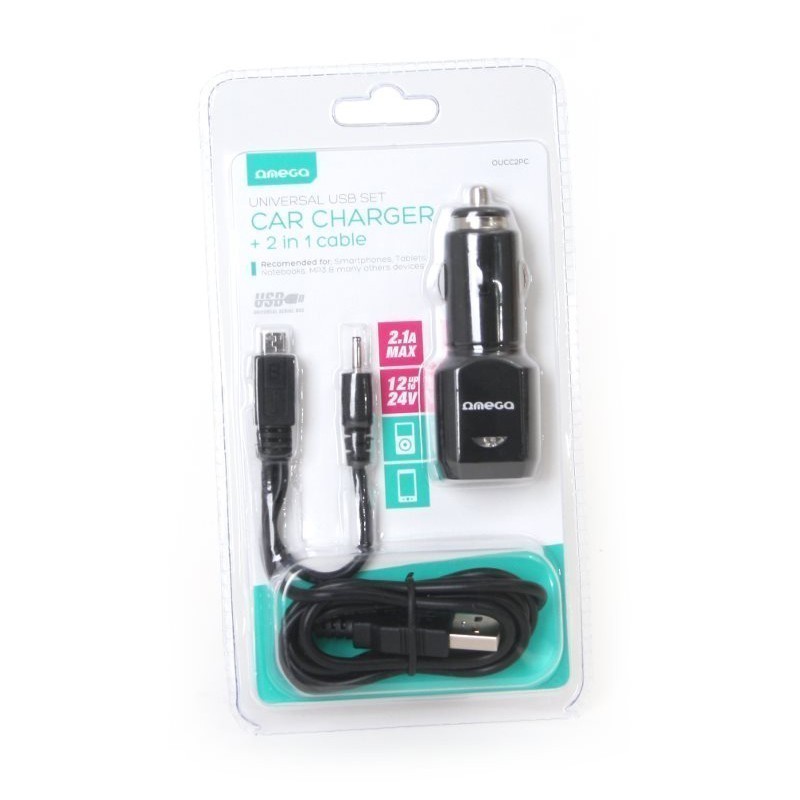 Omega Car Charger + 2 in 1 Cable 2.1A
