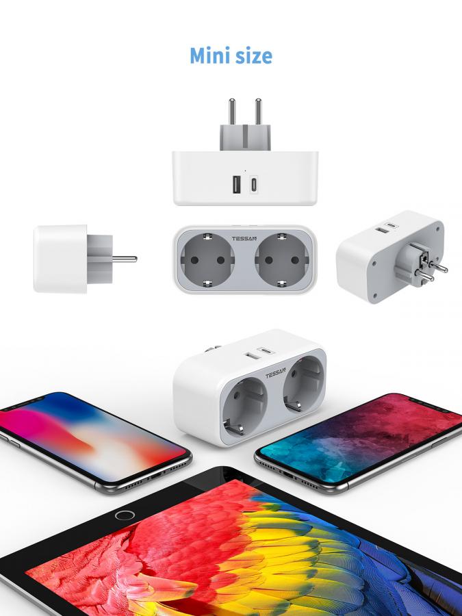TESSAN 4 IN 1 WALL SOCKET 2xSCHUKO, 1xTYPE-C,1xUSB