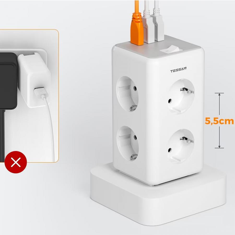 TESSAN 9 IN 1 POWER STATION 6XSHUCKO, 2XUSB, 1XTYPE-C 2M WHITE